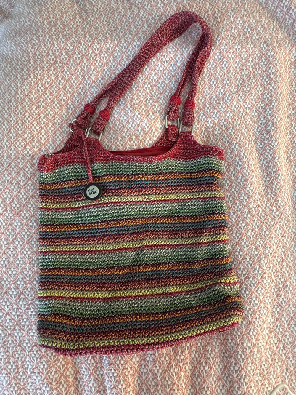 The Sak Striped Crochet Tote with Red Handles